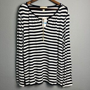 Michael Kors Coastal Nautical Striped L/SL Boat Neck Top‎ Gold Chain Detail XL